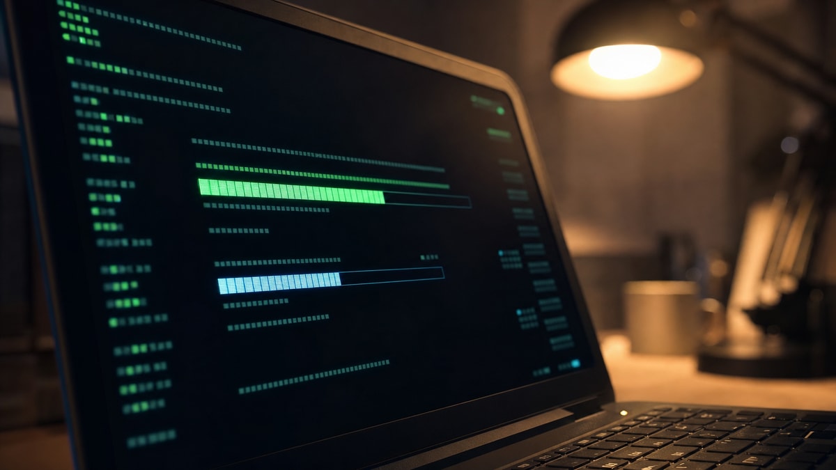 Instalação via linha de comando Tela de terminal em modo escuro com indicadores visuais de progresso de instalação.