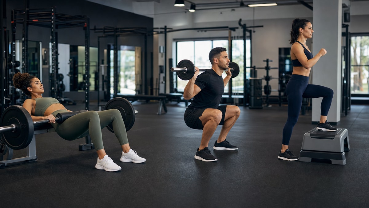Sequência de exercícios que combina extensão do quadril, agachamento e movimento unilateral