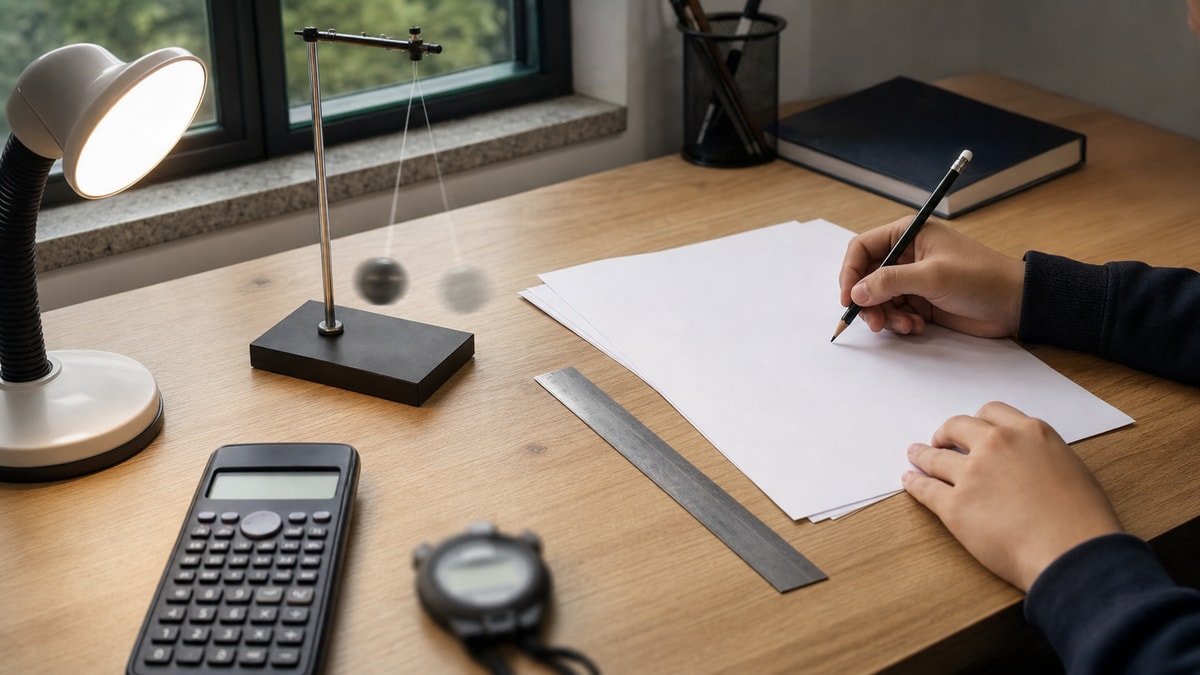 Exercícios com pêndulo Estudante realizando uma atividade experimental com pêndulo para estudar Física