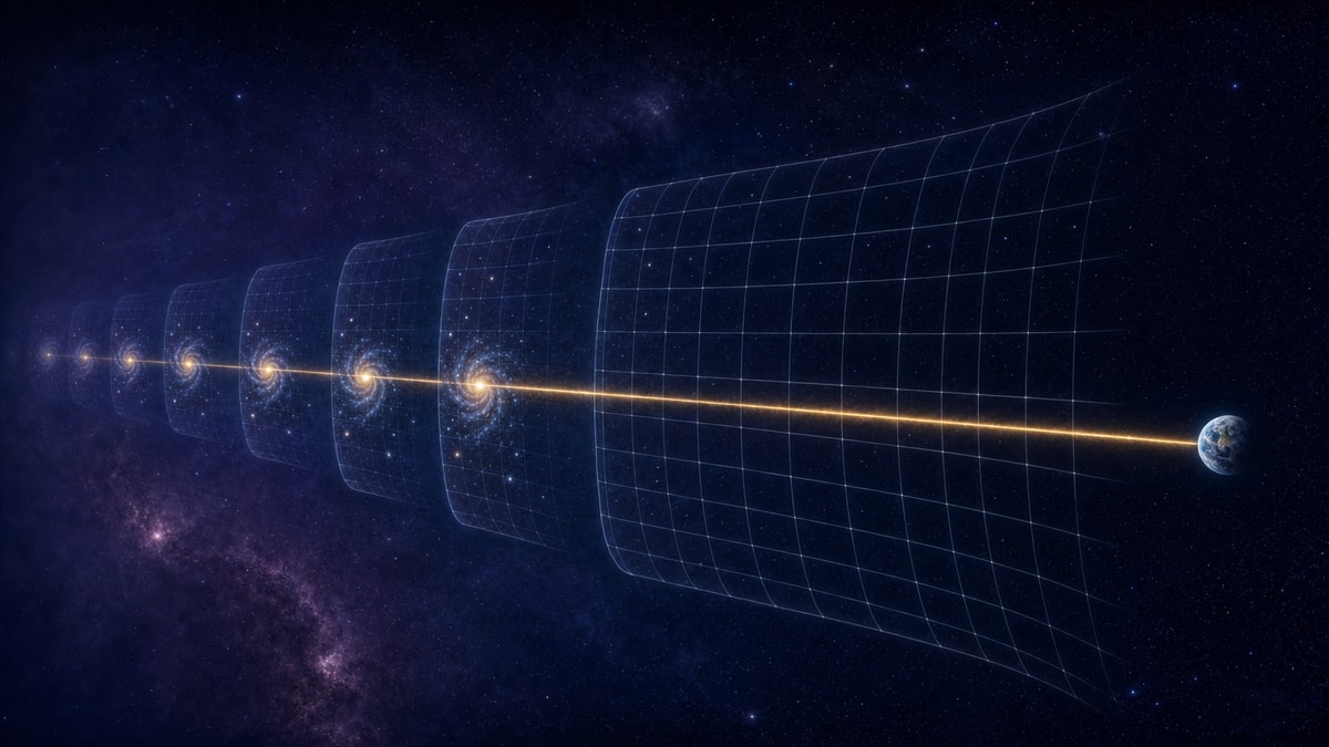 Luz e expansão do espaço Ilustração da luz viajando enquanto o espaço entre uma galáxia distante e a Terra se expande