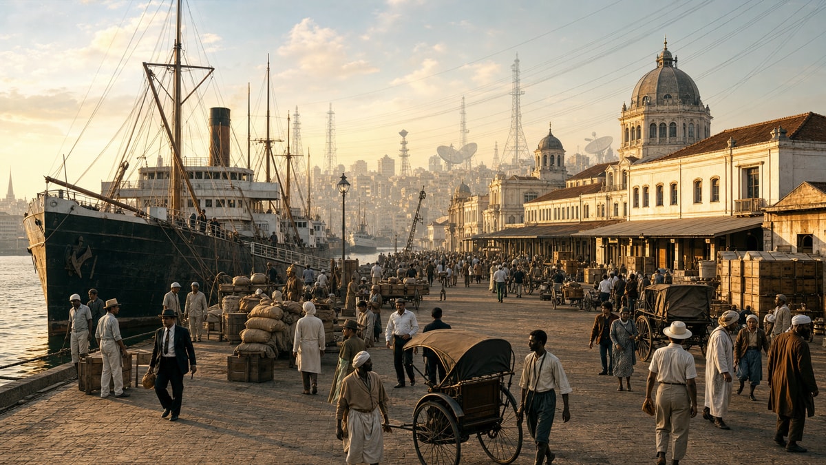 A expansão histórica do inglês Porto internacional que simboliza a expansão histórica do inglês pelo comércio, administração e comunicação global