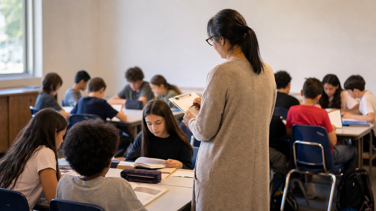 Experiência docente em sala Professora acompanha uma atividade de leitura e observa a aprendizagem dos estudantes