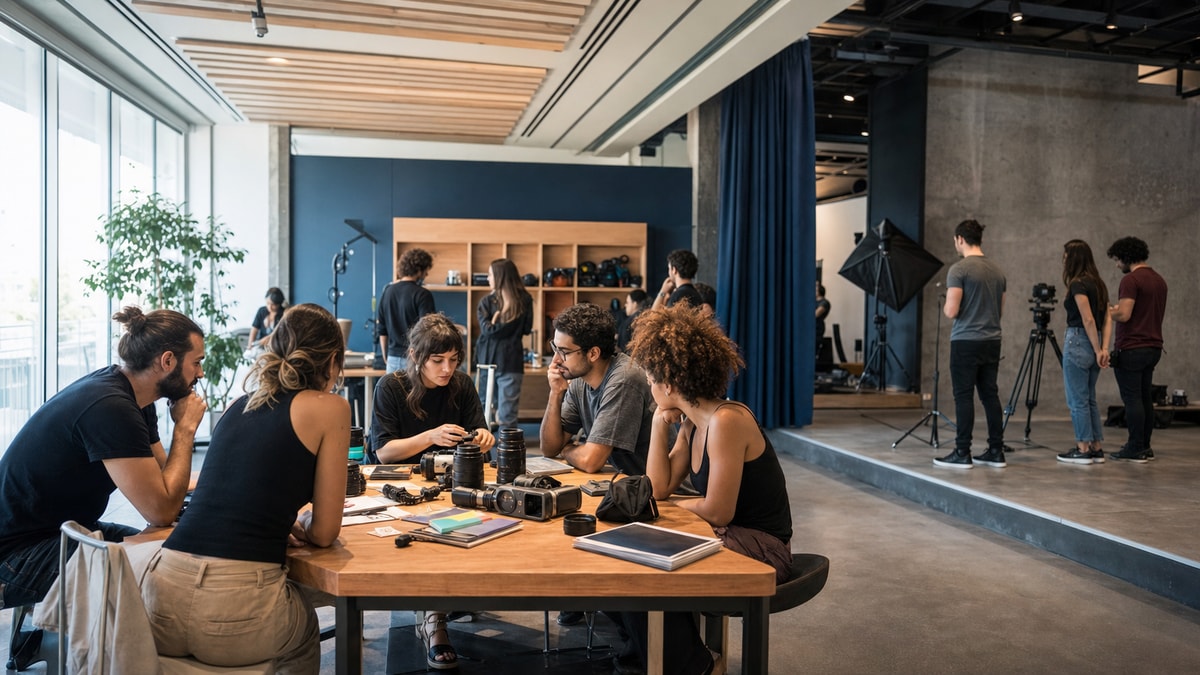 Estudantes de Cinema trabalham juntos em uma sala de aula com equipamentos audiovisuais.
