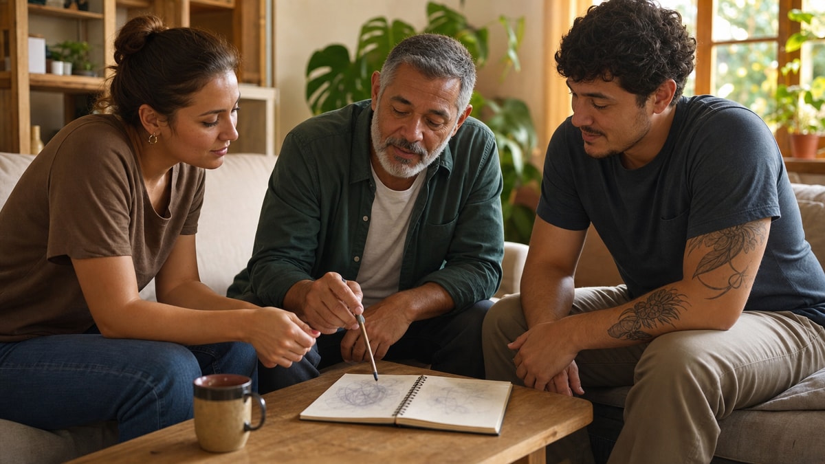 Decisão financeira compartilhada Moradores da casa conversando sobre o controle financeiro familiar