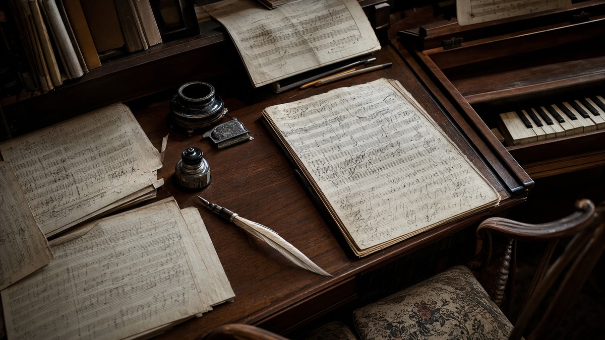Mesa de composição com manuscritos e instrumentos que evocam as fases musicais de Beethoven