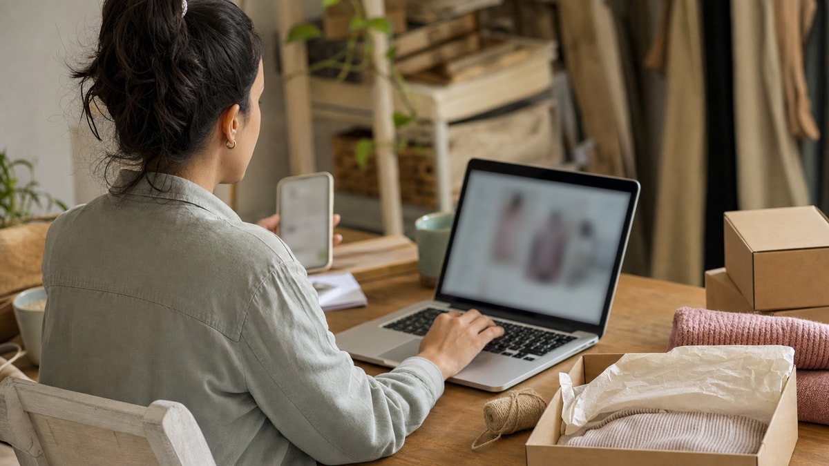 Operação digital com poucos recursos Pessoa organizando divulgação e pedidos de um pequeno negócio com ferramentas digitais