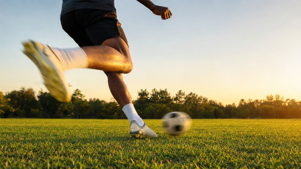 Pessoa chuta uma bola, mostrando força, trajetória e atrito no movimento