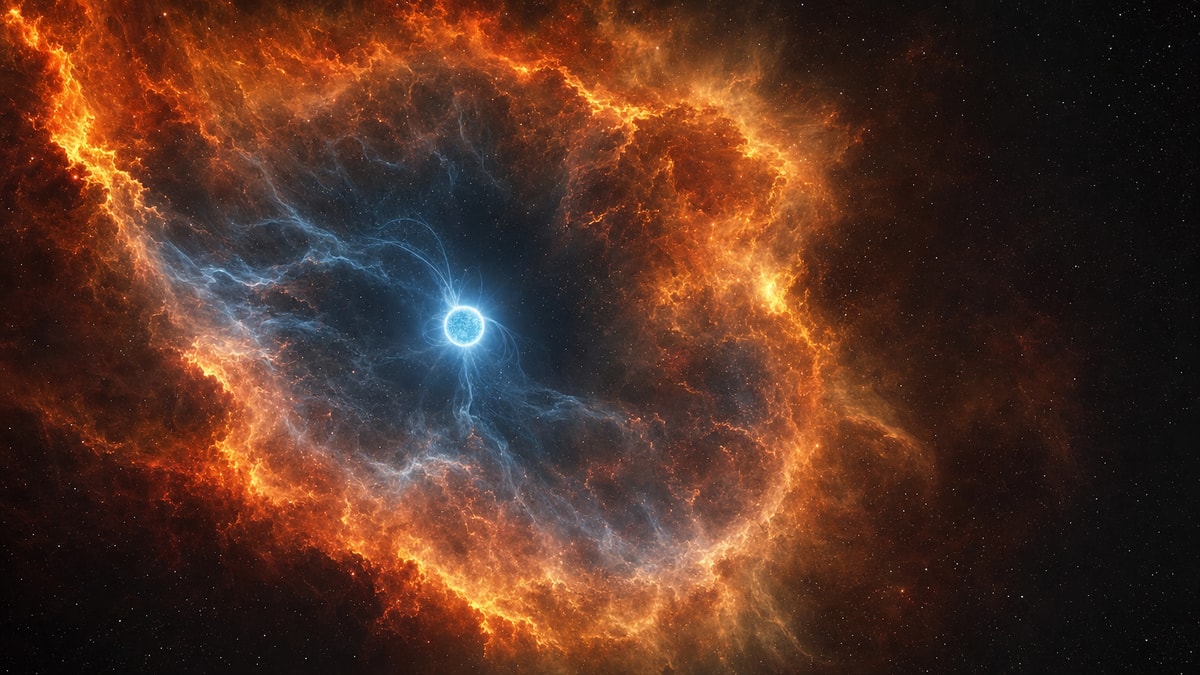 Nascimento de uma estrela de nêutrons Remanescente compacto de uma supernova formando uma estrela de nêutrons