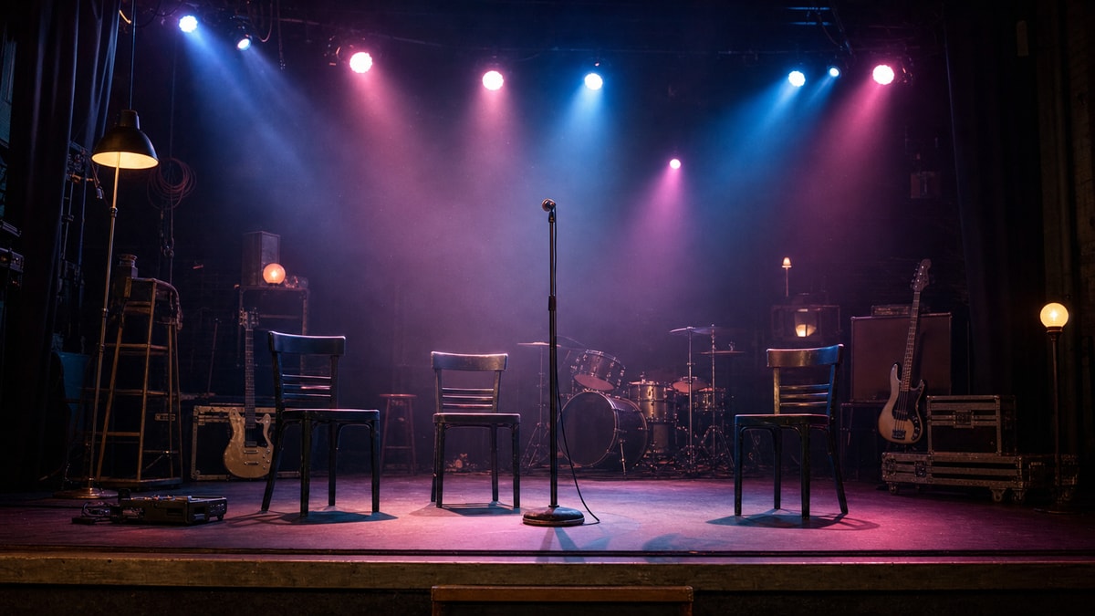 Palco vazio com instrumentos e iluminação colorida evocando franquias musicais adolescentes dos anos 2000