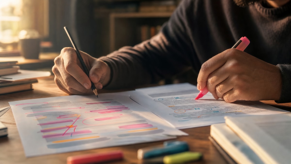 Pessoa revisando um texto para perceber como diferentes escolhas linguísticas orientam a interpretação