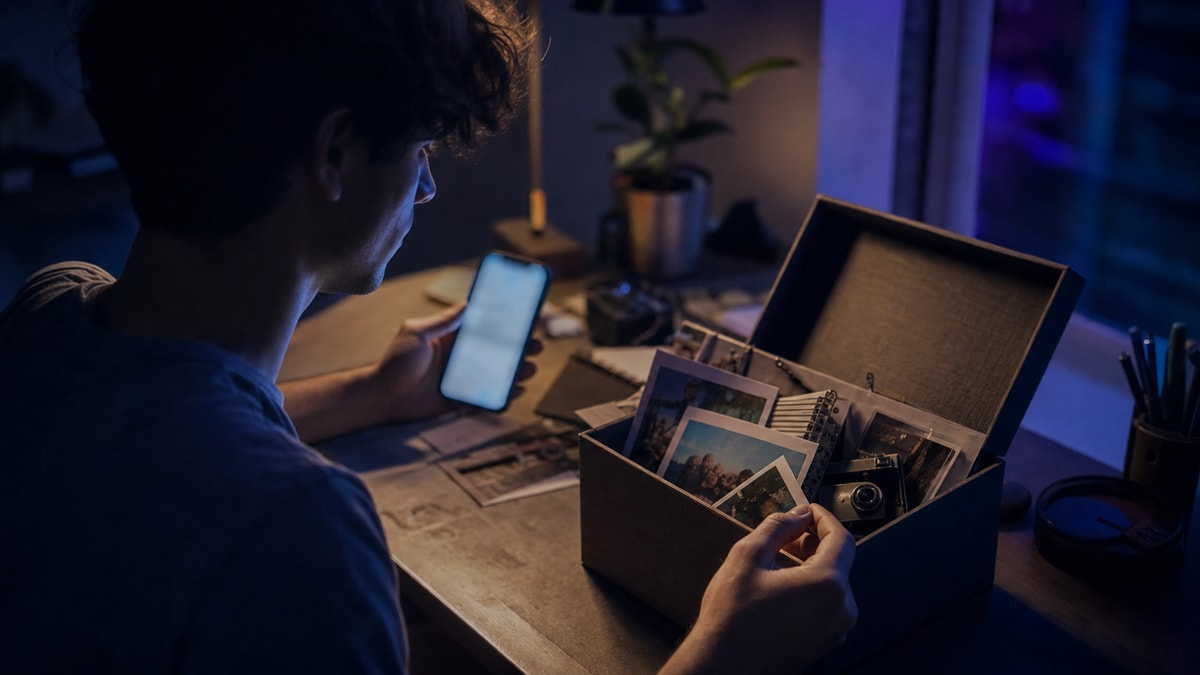Jovem adulto revisita lembranças da adolescência enquanto usa o celular