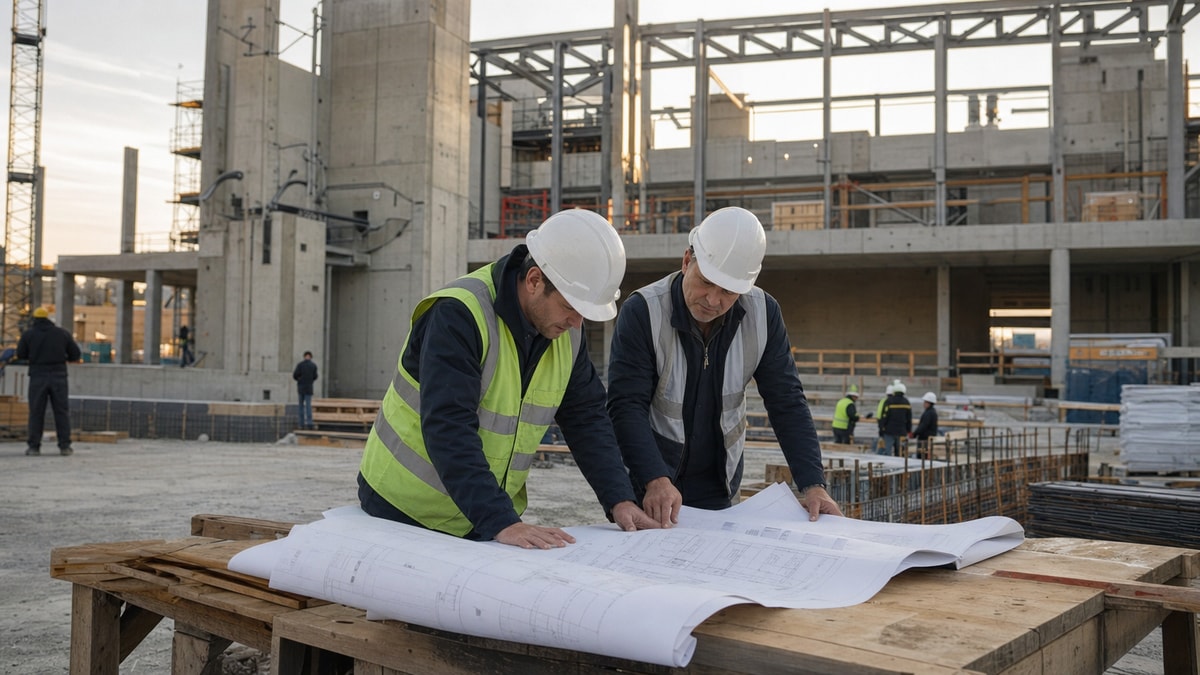 Especialização em projetos de construção Engenheiros e gestores analisando plantas técnicas em canteiro de obras de construção civil.
