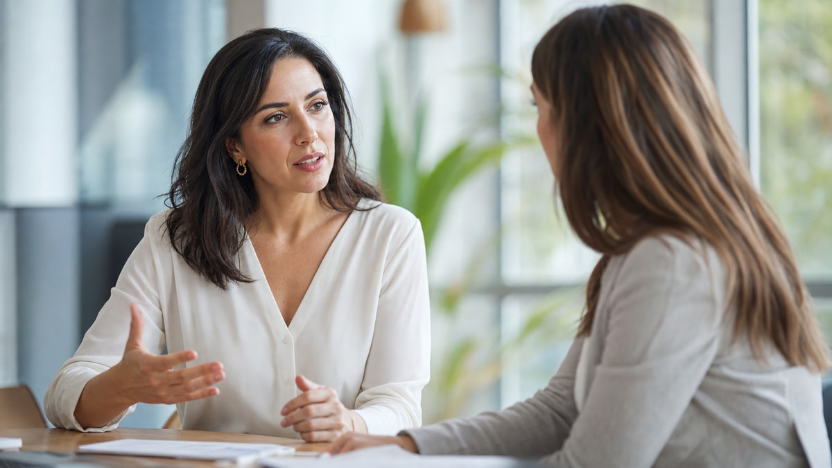 Escuta e empatia Colegas praticando escuta ativa e empatia em uma conversa de trabalho