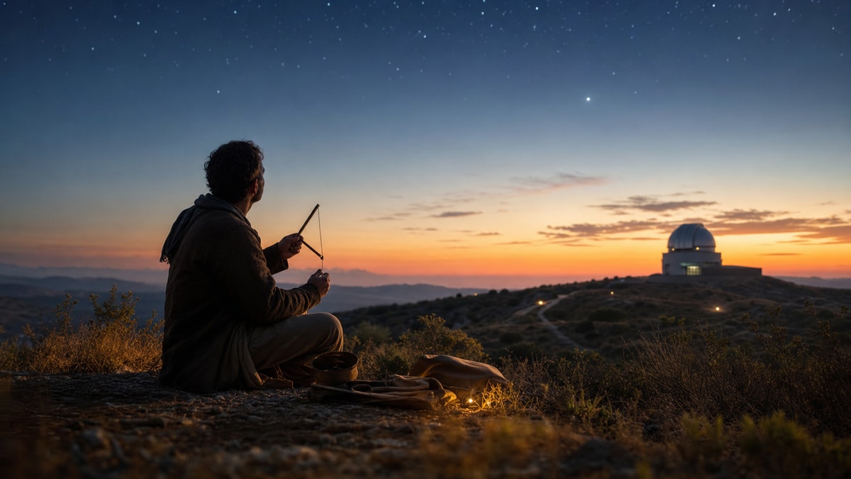 A história de observar o céu Observação do céu em uma paisagem que contrasta práticas antigas e um observatório moderno