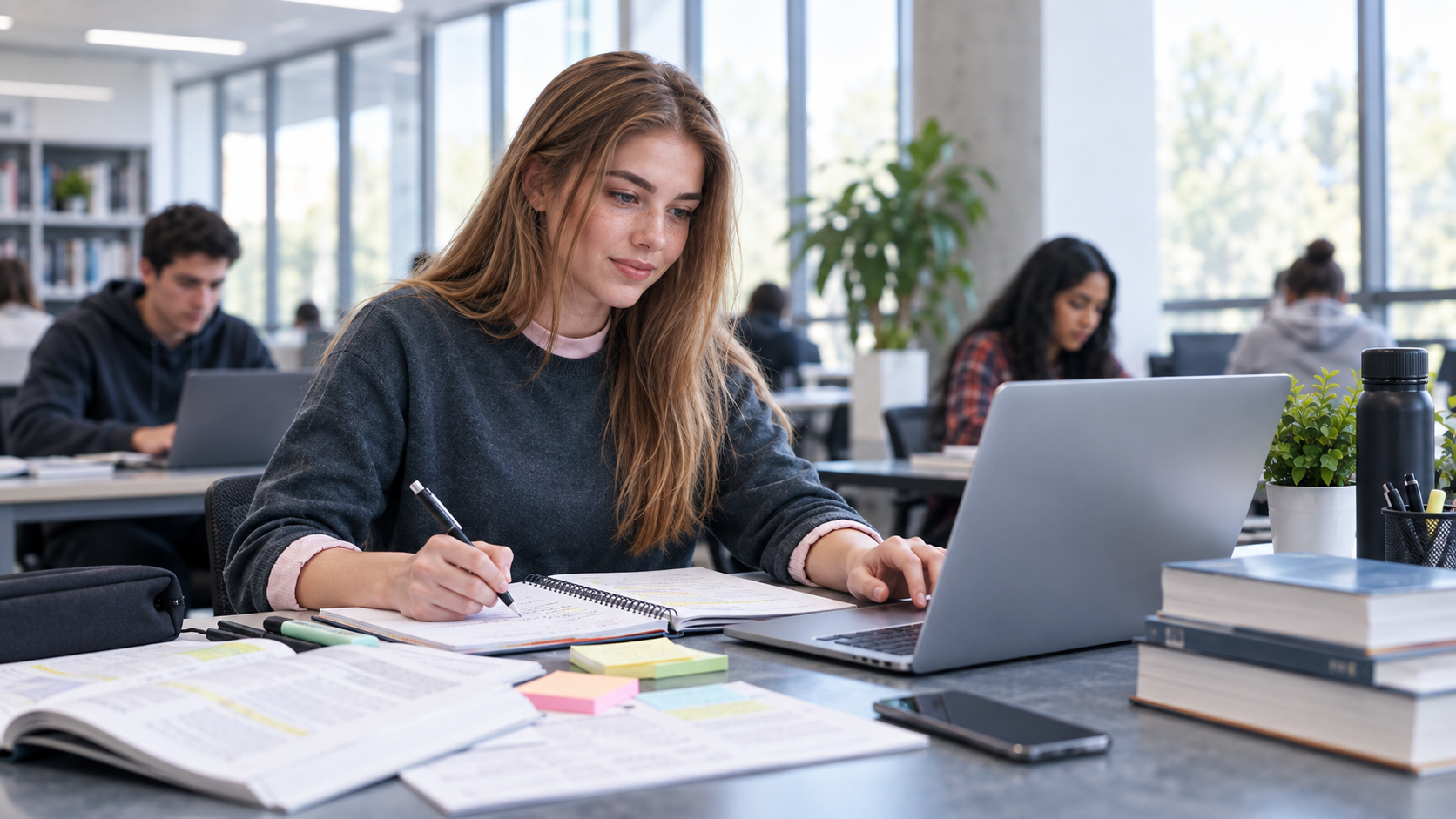 Estudante compara informações no notebook com livros, artigos e anotações acadêmicas