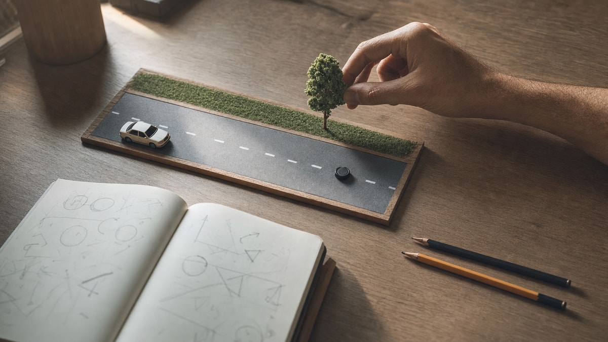 Analisando o referencial Mesa de estudos com maquete de carro e ponto fixo para analisar uma questão de Cinemática