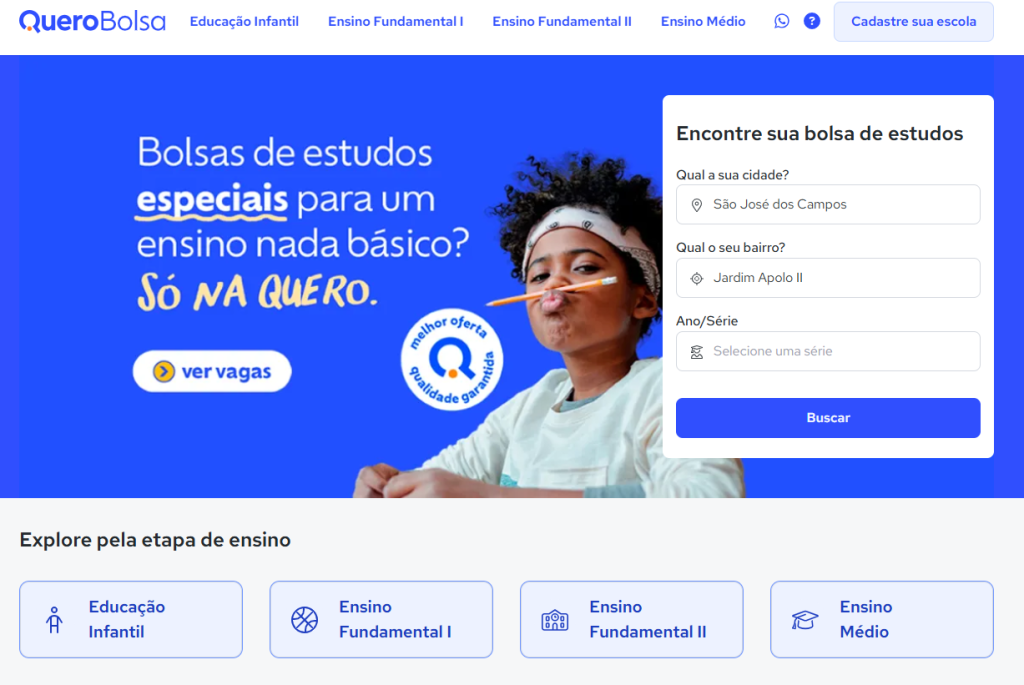 Interface do site Quero Escola sinalizando a busca por escolas por localização 