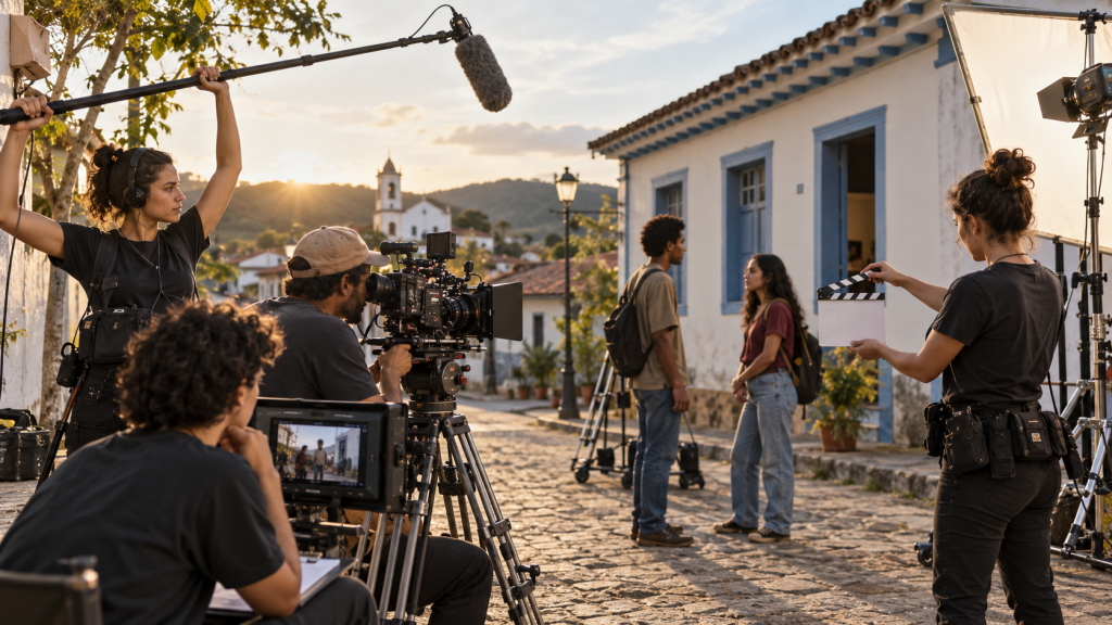 Equipe de profissionais e estudantes trabalha com câmera, iluminação, som e direção em um set de filmagem.