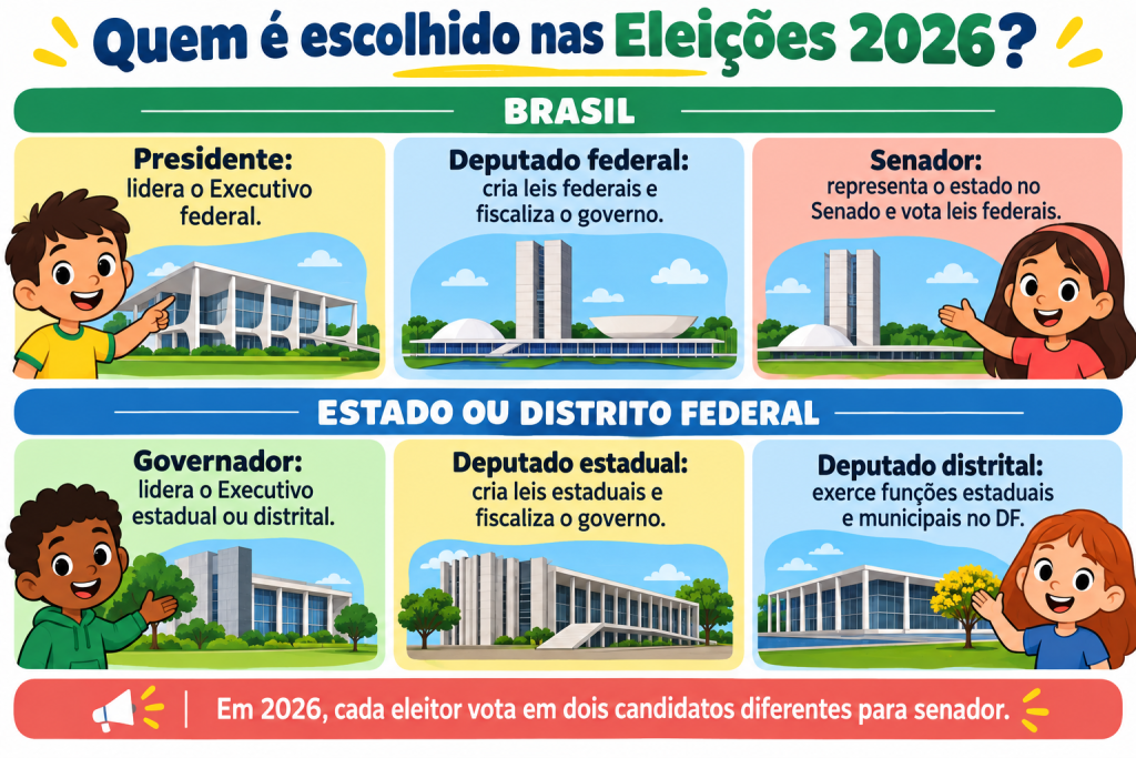 Infográfico sobre os cargos das Eleições 2026 para crianças, com presidente, governador, senador e deputados.
