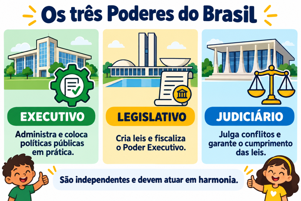 Infográfico sobre os três Poderes do Brasil para explicar política para crianças: Executivo, Legislativo e Judiciário.