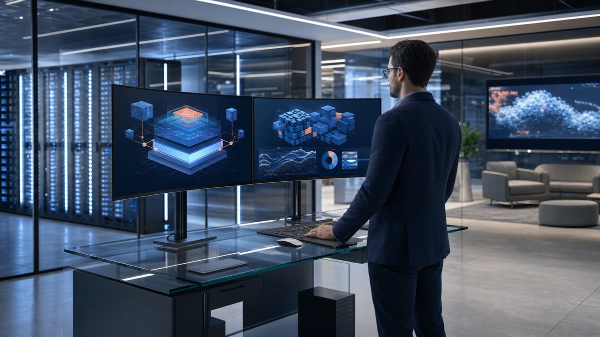 Ambiente corporativo de infraestrutura analítica com telas exibindo dados centralizados para business intelligence.