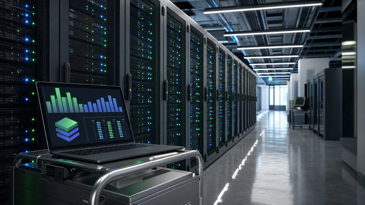 Data center e infraestrutura para IA de código Corredor de data center corporativo com racks de servidores representando infraestrutura para modelos de IA com pesos abertos e auto-hospedagem.