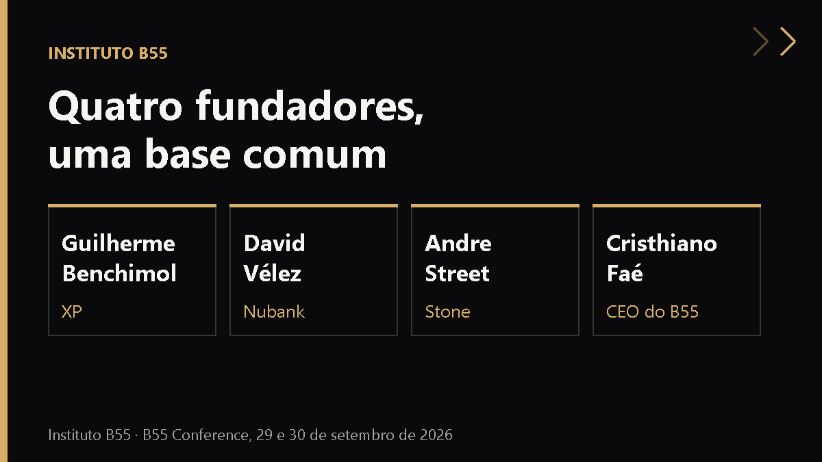 Cartão do Instituto B55 com os nomes de Guilherme Benchimol (XP), David Vélez (Nubank), Andre Street (Stone) e Cristhiano Faé (CEO do B55)