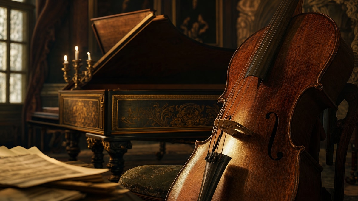 Cravo e violoncelo em um salão barroco representando o baixo contínuo