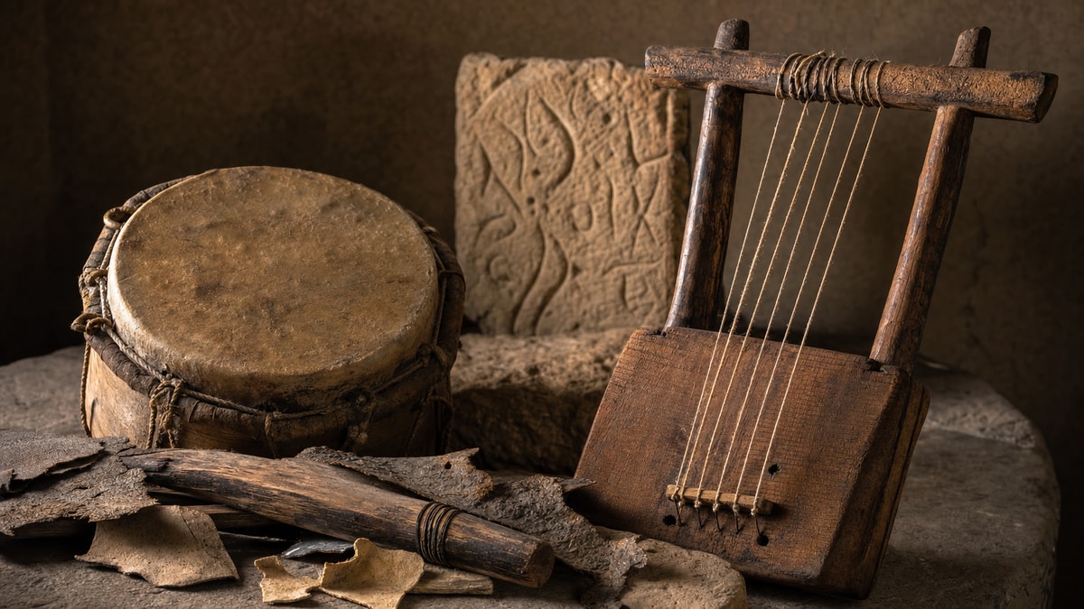 Tambores, lira e registro em pedra representando os vestígios materiais usados para estudar a música antiga