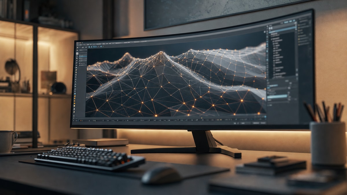 Monitor exibindo processo de refinamento de malha tridimensional e cálculos procedurais em ambiente de motor de jogos.