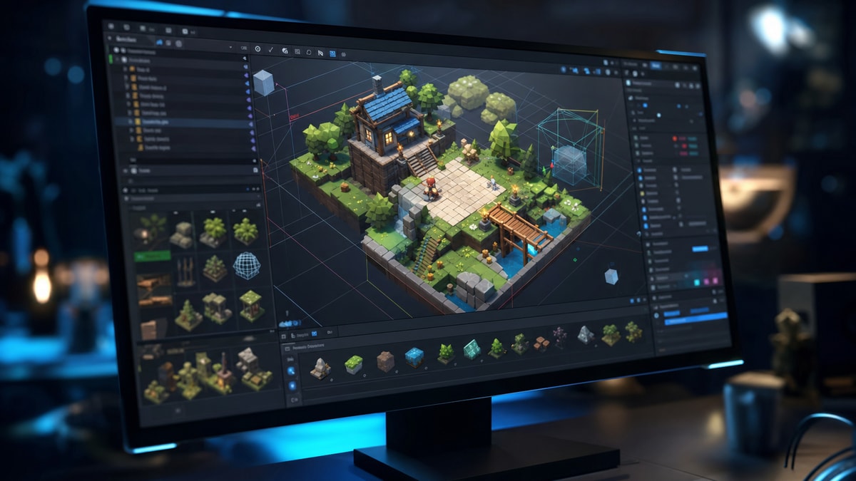 Ambiente de trabalho de uma engine de jogos Tela de computador exibindo interface de engine de criação de jogos com grade tridimensional e blocos de cenário.