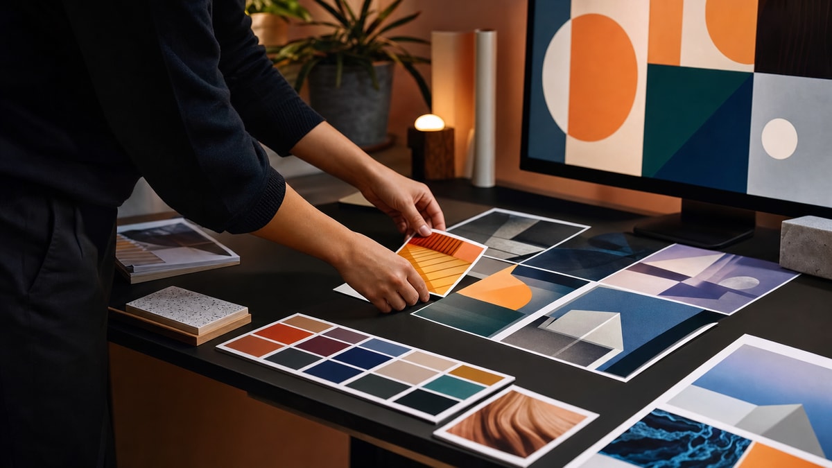 Criação visual com IA Estação criativa com etapas abstratas de produção de posts visuais para redes sociais