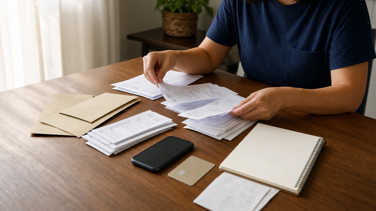 Levantamento de receitas e despesas Documentos e recibos domésticos sendo reunidos para registrar receitas e despesas