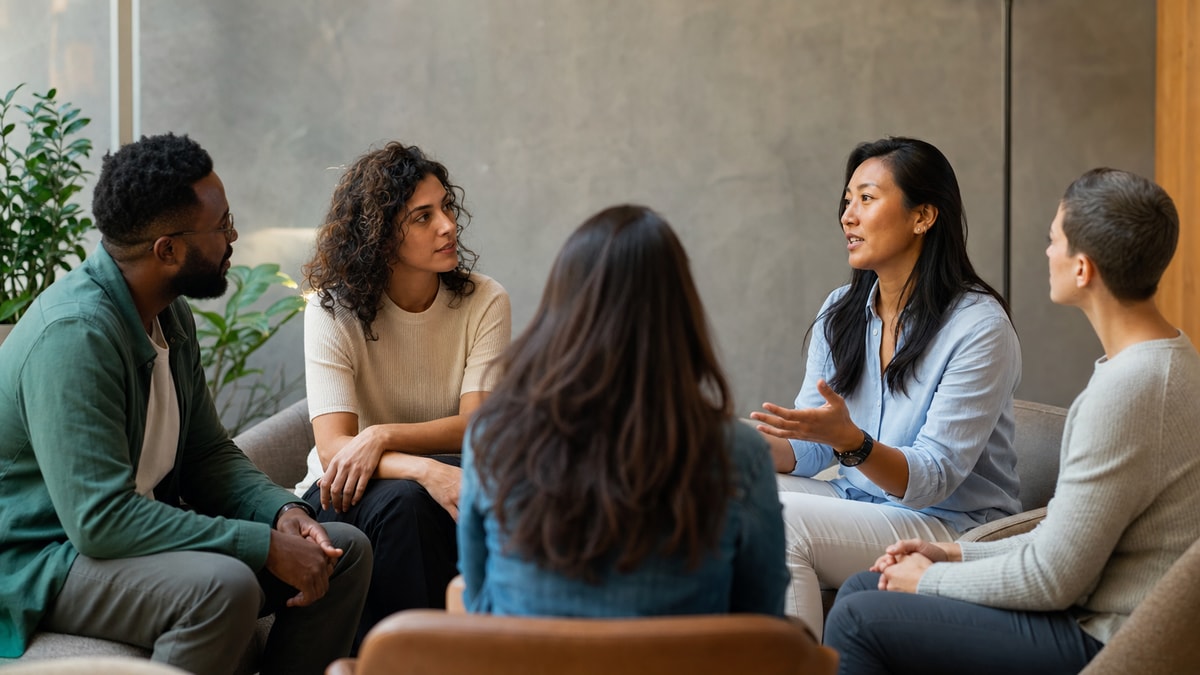 Liderança emocionalmente consciente Líder ouvindo a equipe durante uma conversa colaborativa