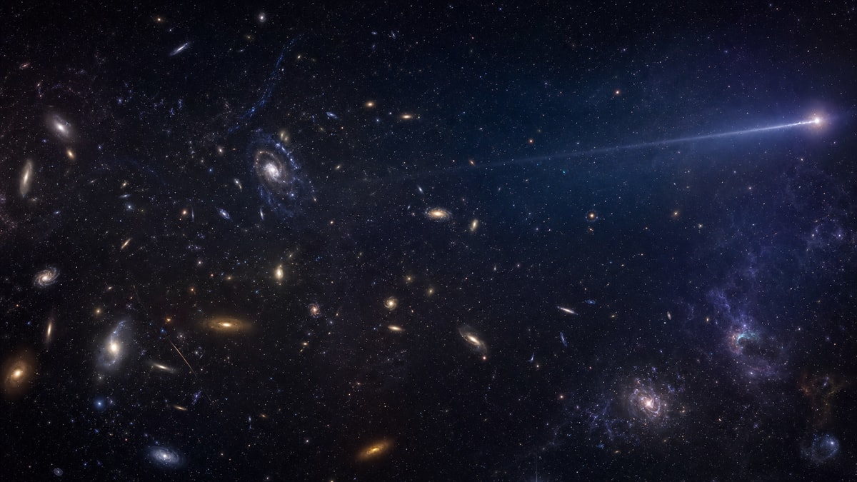 A luz de um quasar distante Quasar distante observado como uma fonte de luz emitida em uma fase antiga do universo