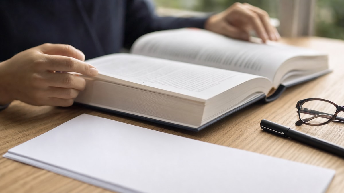 Pessoa consulta um manual de redação oficial durante a revisão de documentos