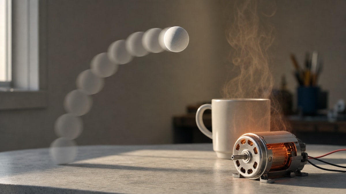 Movimento e calor Bola em movimento, café soltando vapor e componente mecânico ilustrando mecânica e termodinâmica