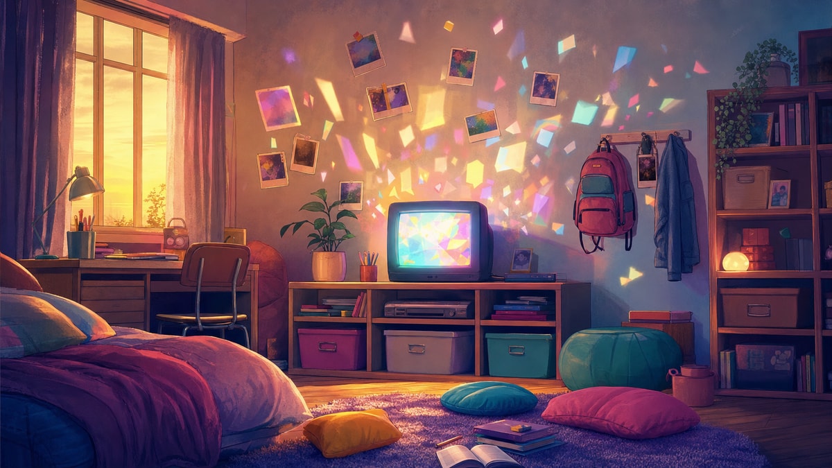 Memórias infantojuvenis na TV Quarto infantojuvenil com televisão e elementos de fantasia que evocam as séries da década de 2000