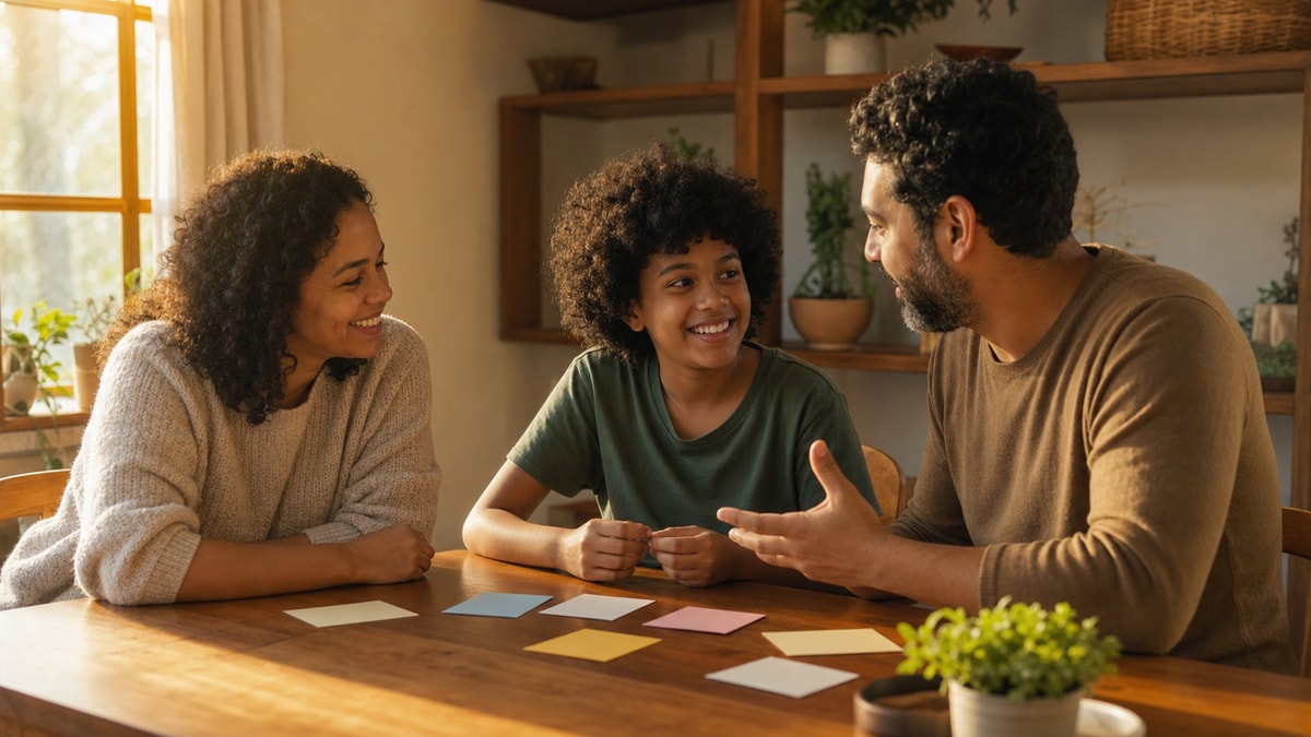 Metas financeiras em família Família conversando para definir prioridades e metas financeiras em conjunto