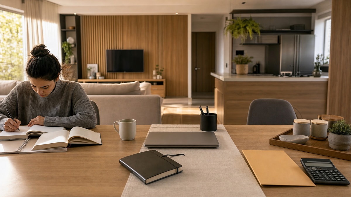 Aplicações práticas Ambiente com áreas de estudo, trabalho e organização financeira representando aplicações práticas de metas SMART