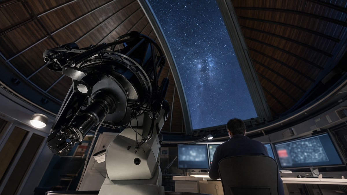 Método científico na astronomia Pesquisador analisa dados de um telescópio em um observatório astronômico