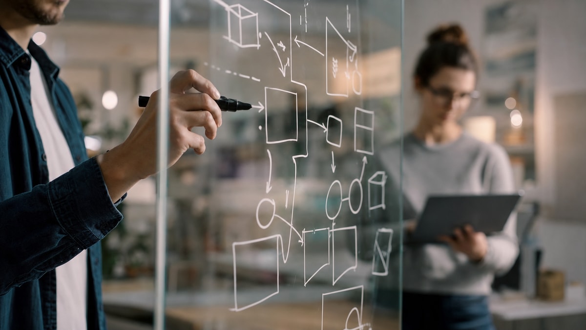 Painel de planejamento com diagramas e fluxos de processos em ambiente corporativo.