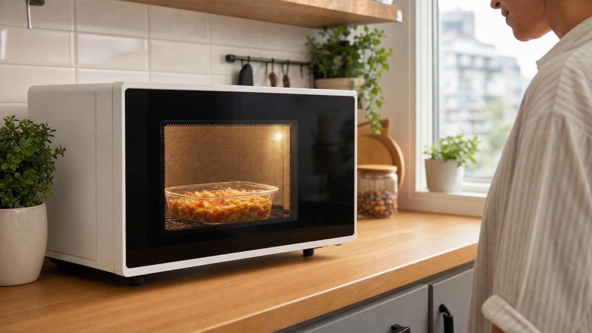 Micro-ondas aquece um alimento em uma cozinha como exemplo de Física no cotidiano