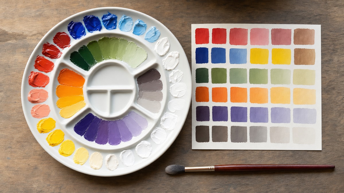 Paleta funcional de cores Paleta com cores primárias e amostras de misturas para pintura em tela