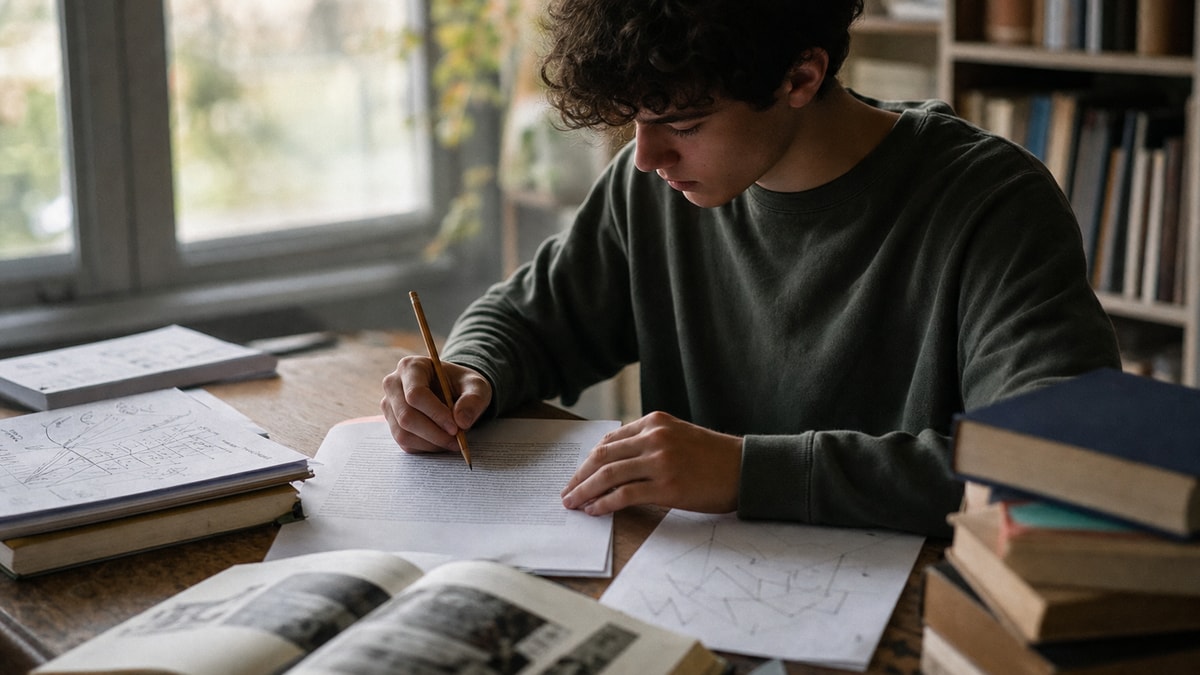 Estudante revisando uma redação para ajustar a força das afirmações às evidências