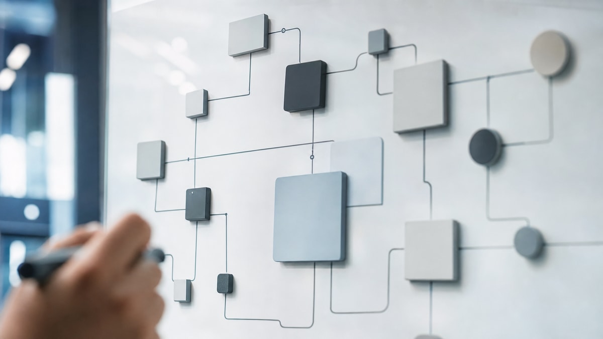 Modelagem de relacionamentos entre tabelas Diagramação conceitual de entidades e conexões em quadro de planejamento técnico.