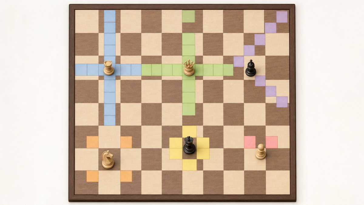 Representação visual dos movimentos das principais peças de xadrez