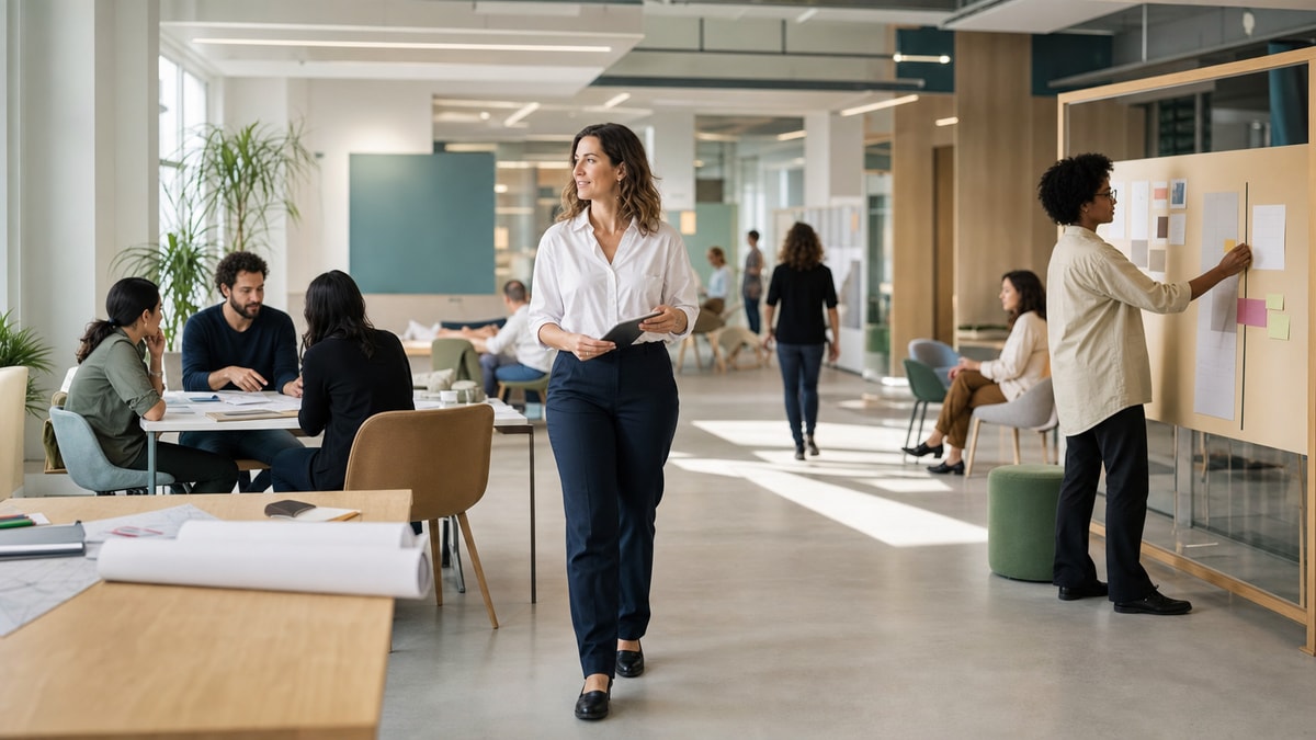 Profissional circulando por diferentes áreas em um ambiente de trabalho conectado