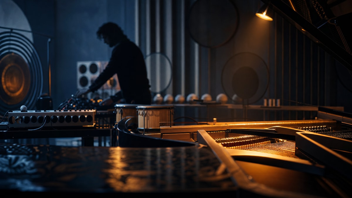 Piano e equipamentos eletrônicos em estúdio de composição contemporânea