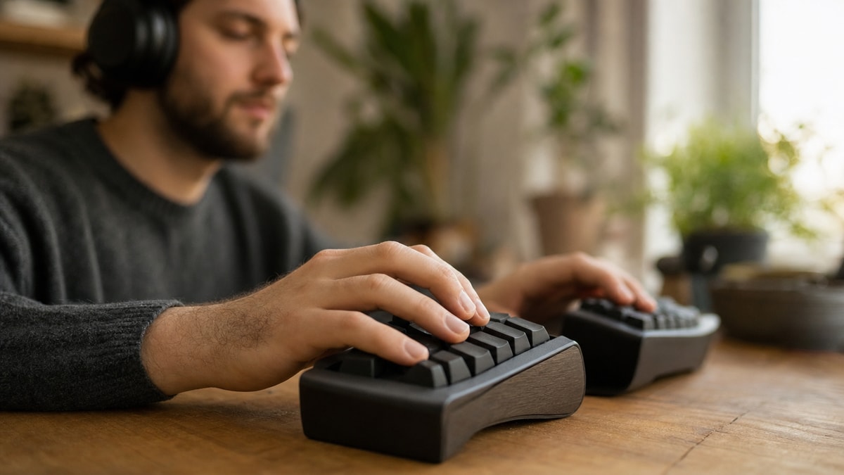 Pessoa utilizando teclado ergonômico e fones de ouvido em ambiente de trabalho bem iluminado.